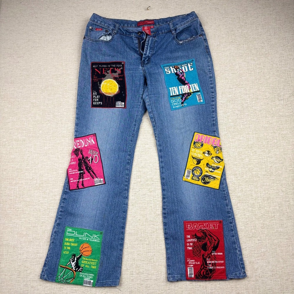 Le More Womens 34x 26 Y2K Basketball Patch Flare Jeans Blue Denim Size 13